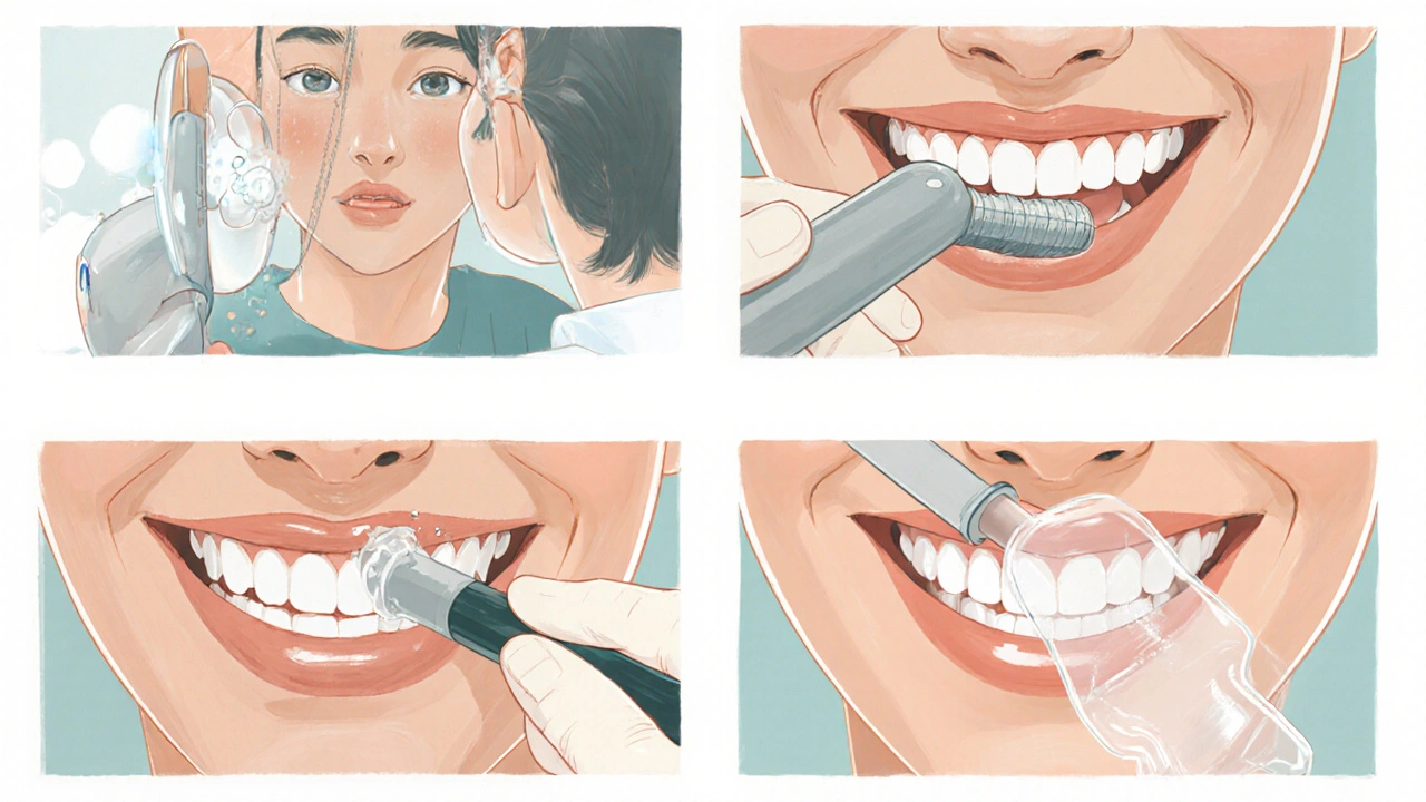 Čtyři panely ukazující kontrolu, škálování, leštění a aplikaci fluoridu během dentální hygieny.