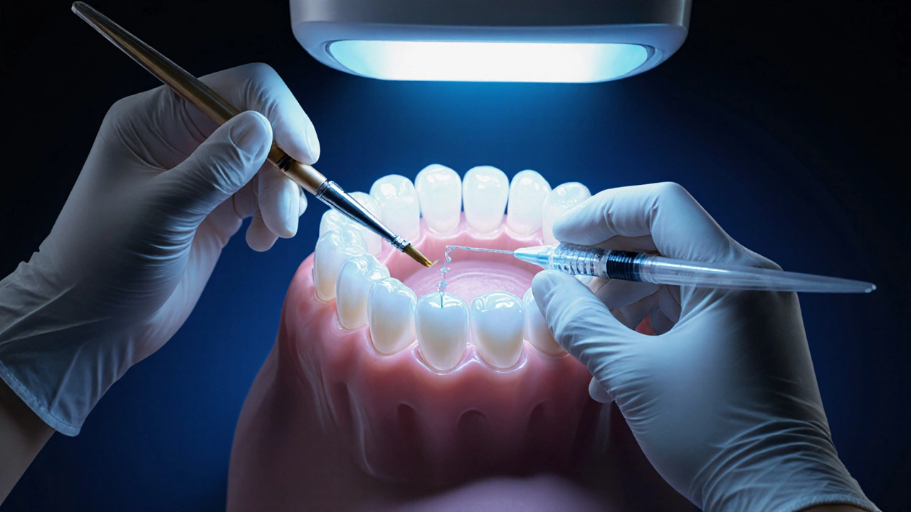 Dentální technik vrstvy kompozitní výplně vytvrzuje pod lampou.