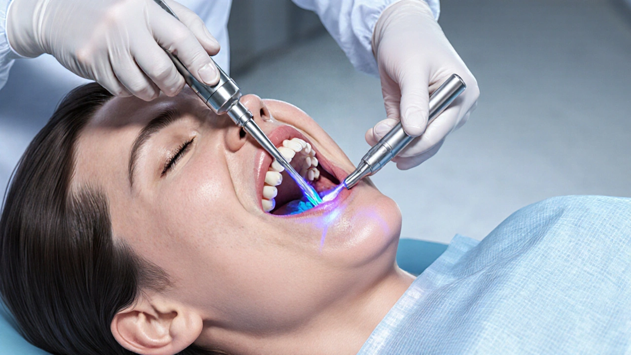Dentista provádí skaling a kyretáž v klinickém prostředí.