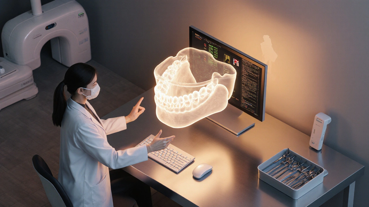 Digitální 3‑D plánování implantátu v moderní zubní ordinaci.