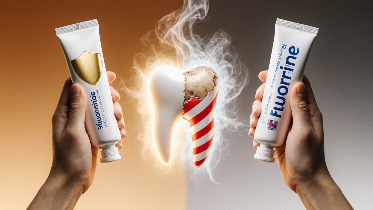 Dvě zubní pasty: jedna s fluoridem a ochranným štítem, druhá s varováním před prvkem fluor.