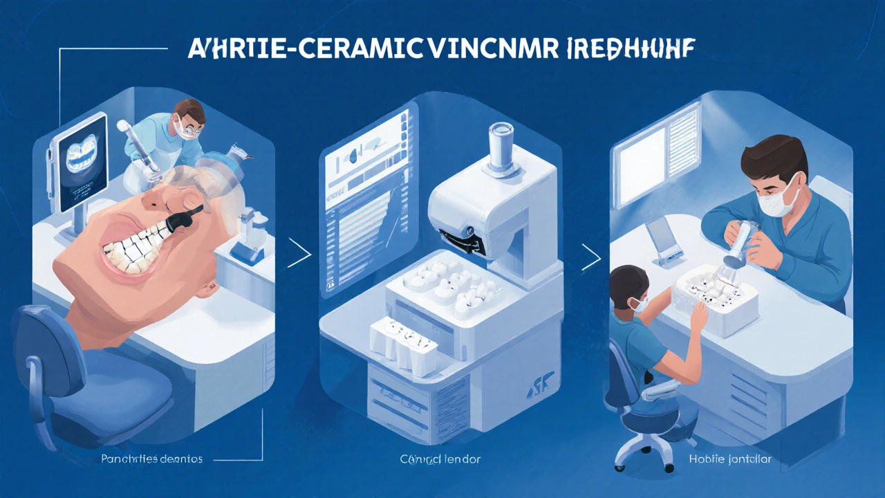 Ilustrace procesu od skenu přes laboratoř až po leštění celokeramické fazety.