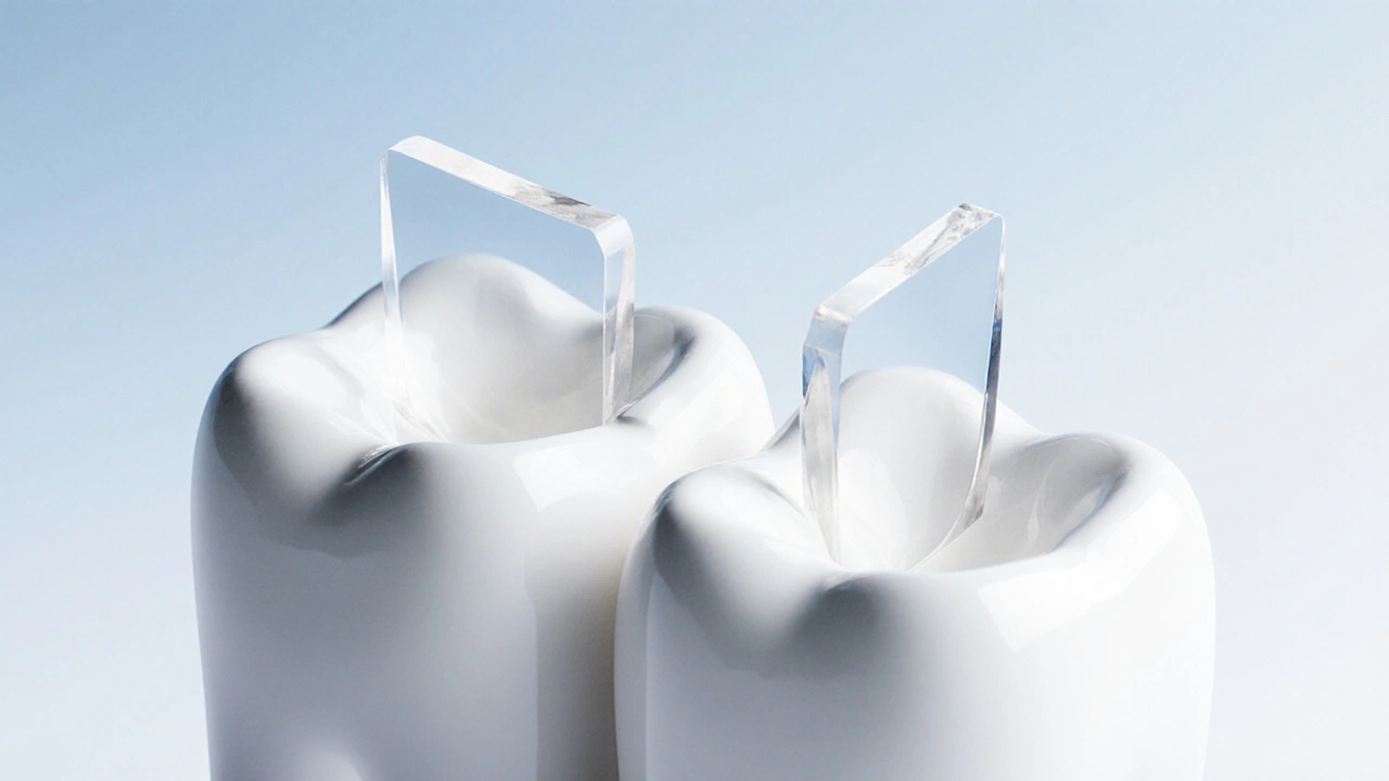 Minimalist depiction of ceramic veneers closing a gap between two front teeth.