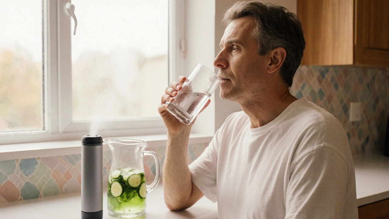 Osoba pije vodu, žvýká xylitolovou žvýkačku a používá ústní údržbové pomůcky během čekání.