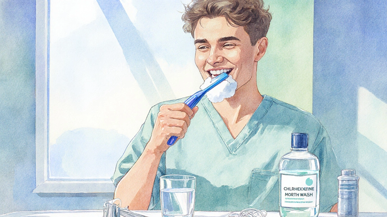 Osoba po ošetření si šetrně čistí zuby pastou s fluoridem v jasně osvětlené koupelně.