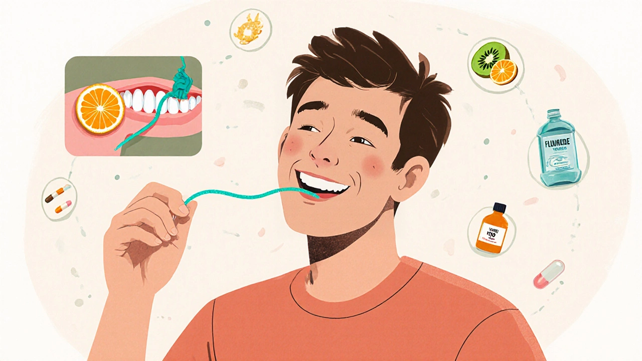Osoba používá mezizubní nit a kolem ní jsou potraviny s vitamínem C a fluoridová ústní voda.