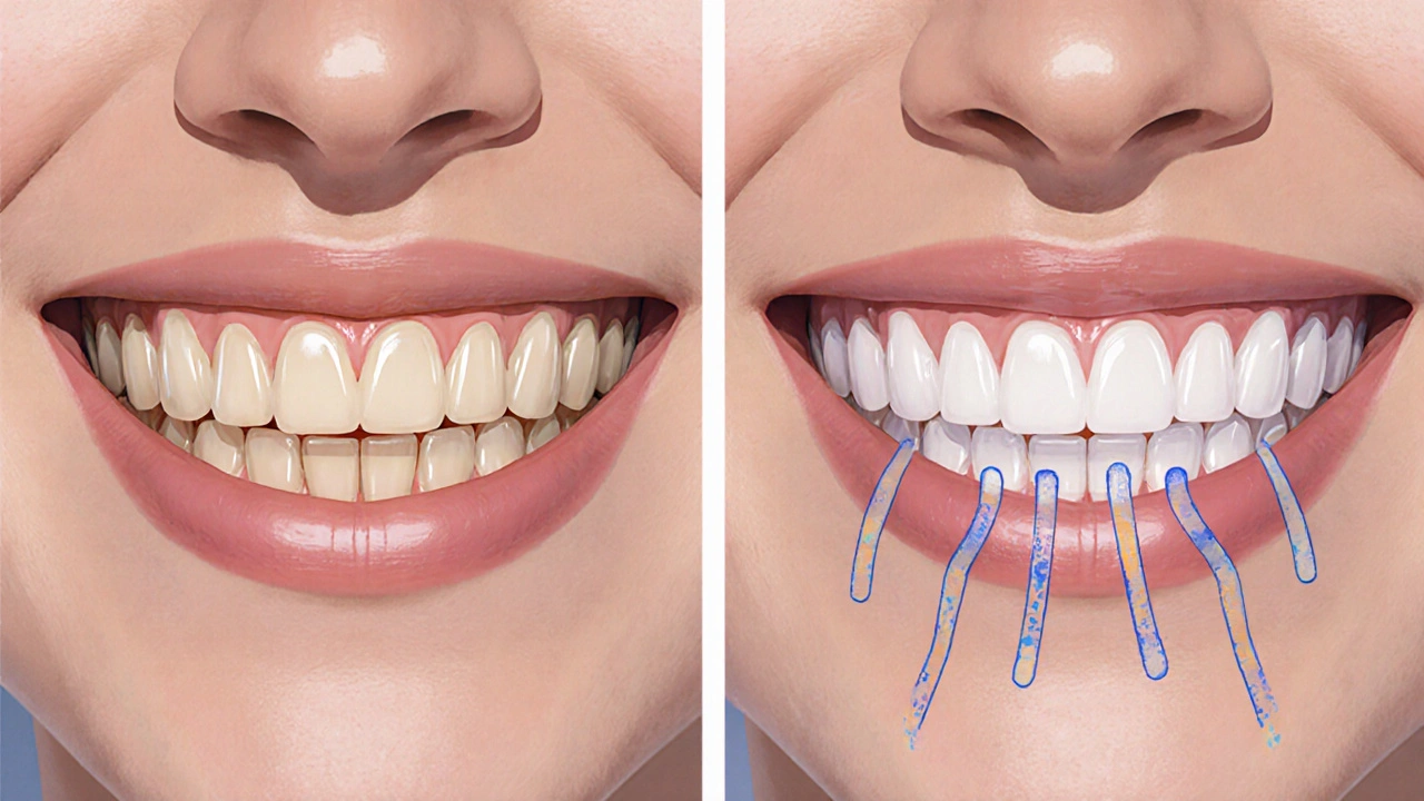 Porovnání tmavých a bělících se zubů s mikroskopickým znázorněním účinku gelu.