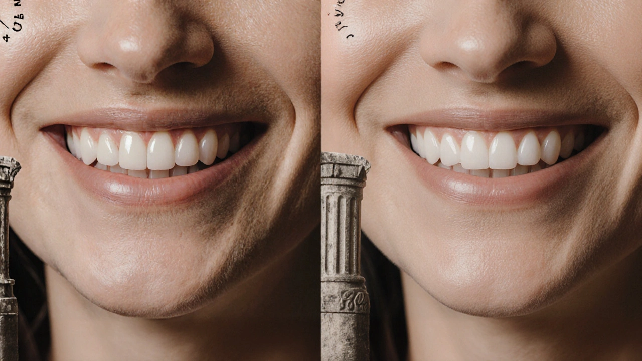 Porovnání úsměvu s kompozitní a porcelánovou fazetou, zdůrazňující výhody a údržbu kompozitu.