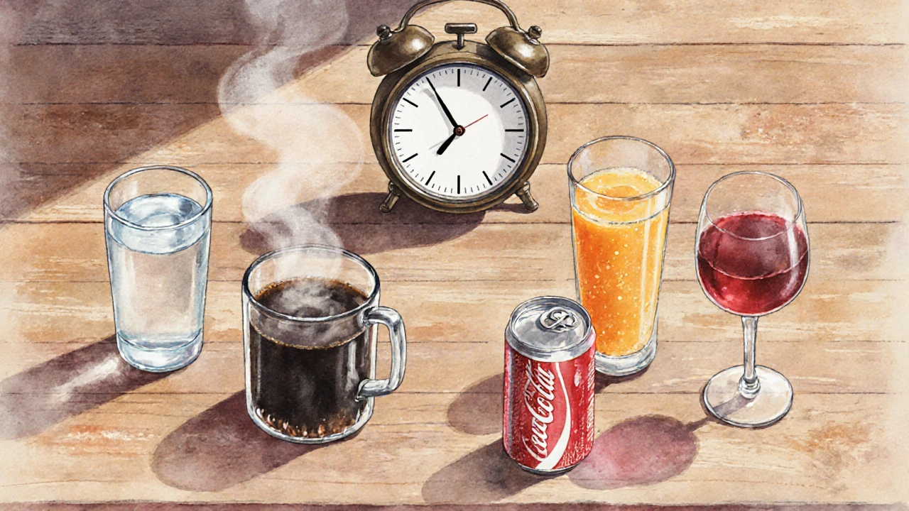 Rozložení různých nápojů s hodinovým ukazatelem, který naznačuje doporučené čekací doby.