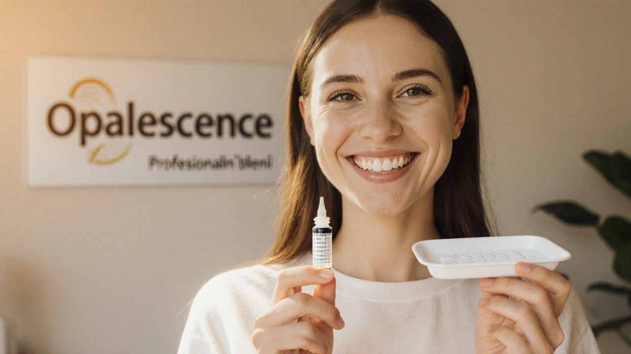 Spokojená osoba se smějem s bílými zuby, drží bělicí gel a šablonu.