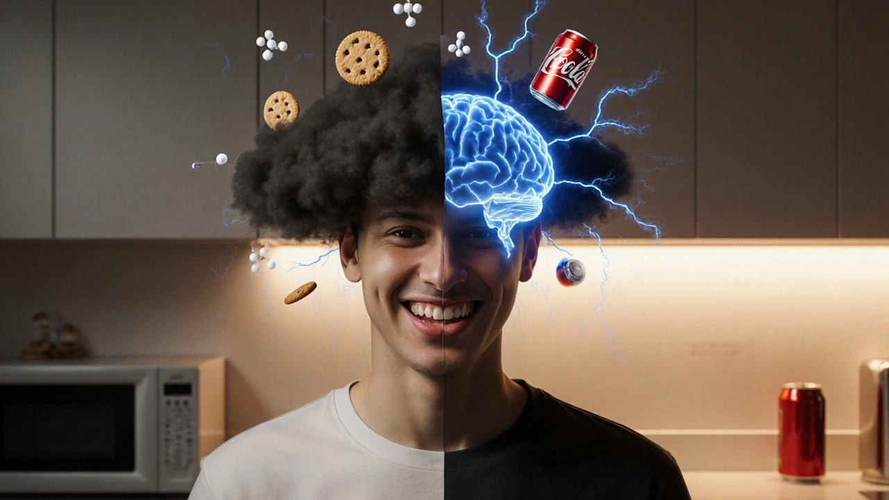 Surrealistický obraz člověka s rozděleným tělem, kde zánět dásní spouští stres a chuť na sladkosti.