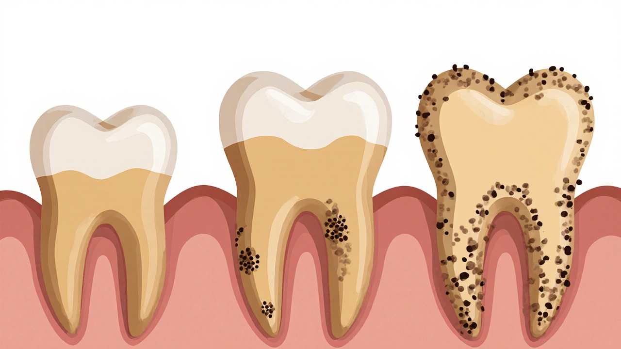Vývoj zubního kamene od plaku k tvrdému nánosu na zubu.