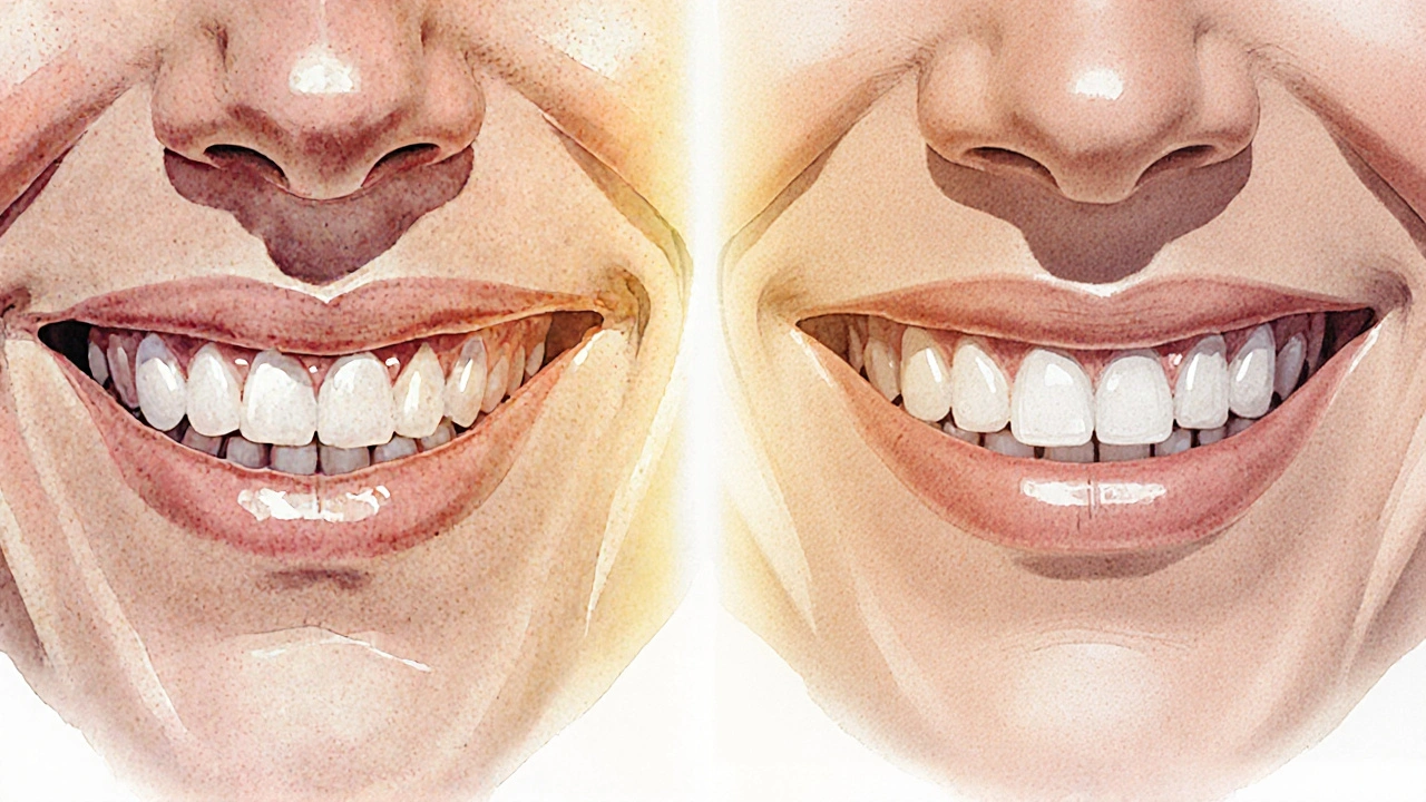 Watercolor illustration showing transformation of a tooth gap into a seamless smile.