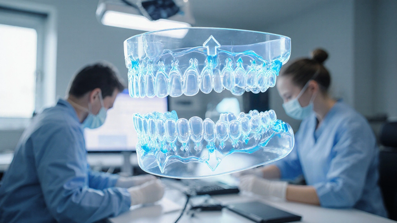 3D model zubů s ukazateli pohybu, znázorňující postupné vyrovnávání zubů.