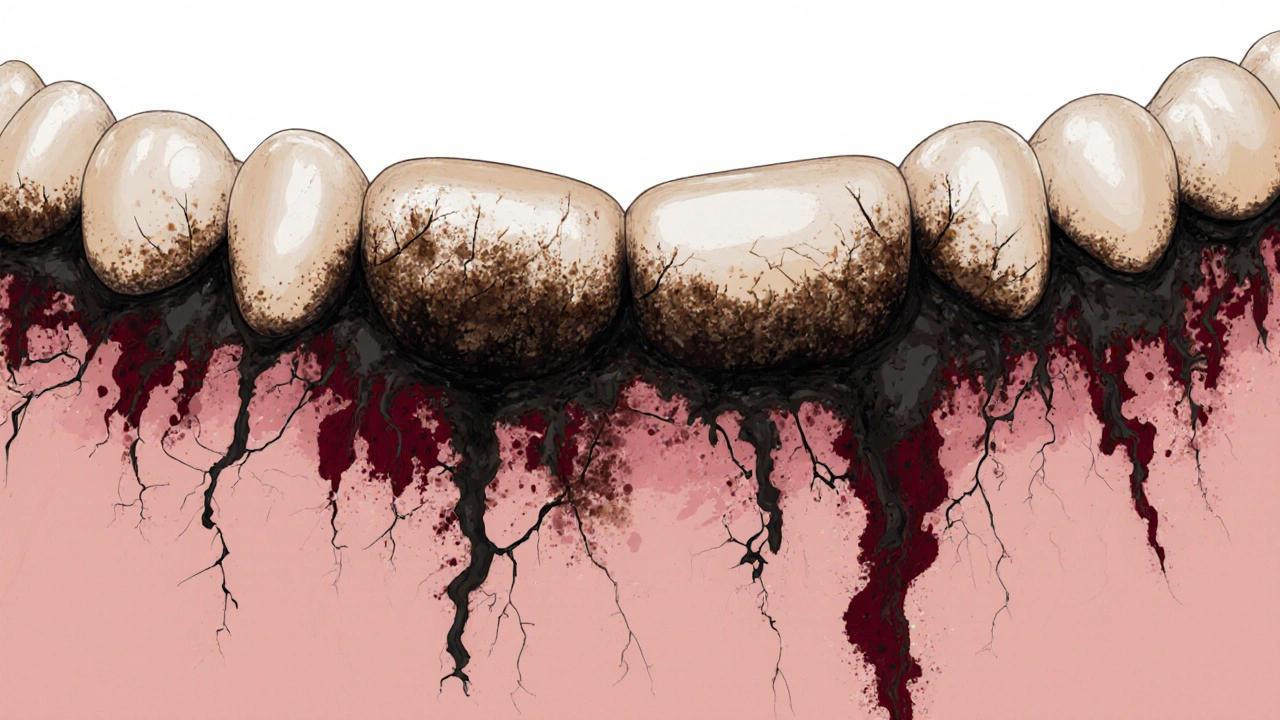 Černý zubní kámen jako tmavé skvrny a křehké vrstvy na zubech, s náznaky kávy, tabáku a vína.