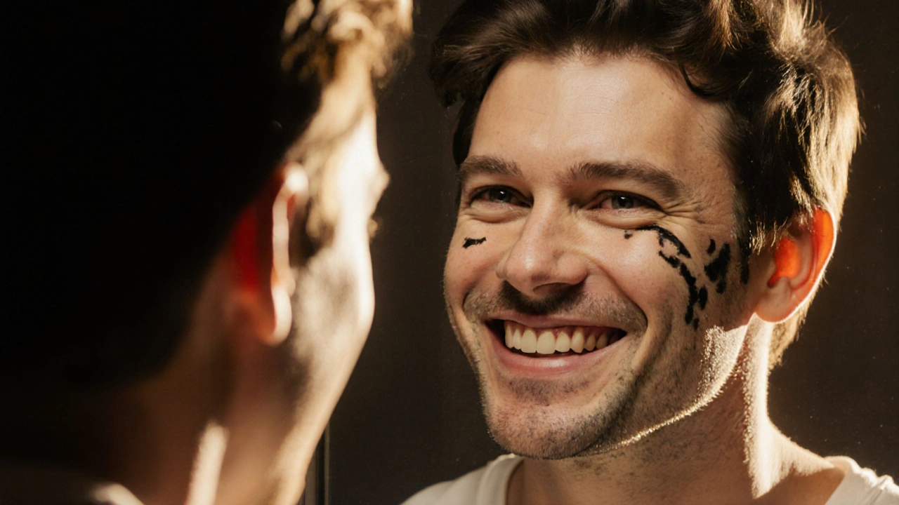 Člověk před zrcadlem: jeho odraz má čistý úsměv, ale on sám stále nese černý zubní kámen.