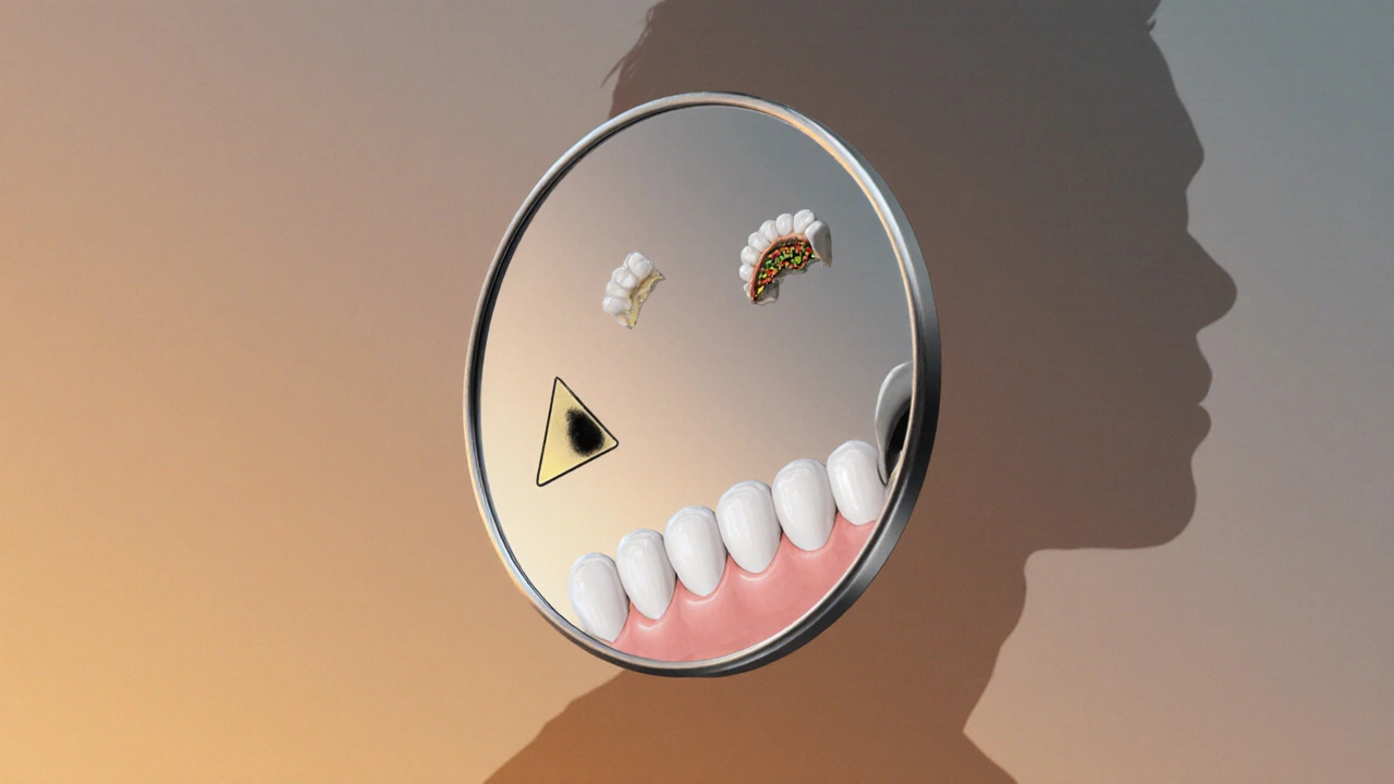 Dentální zrcátko zobrazuje tři varovné příznaky zubních náhrad v abstraktním prostředí.