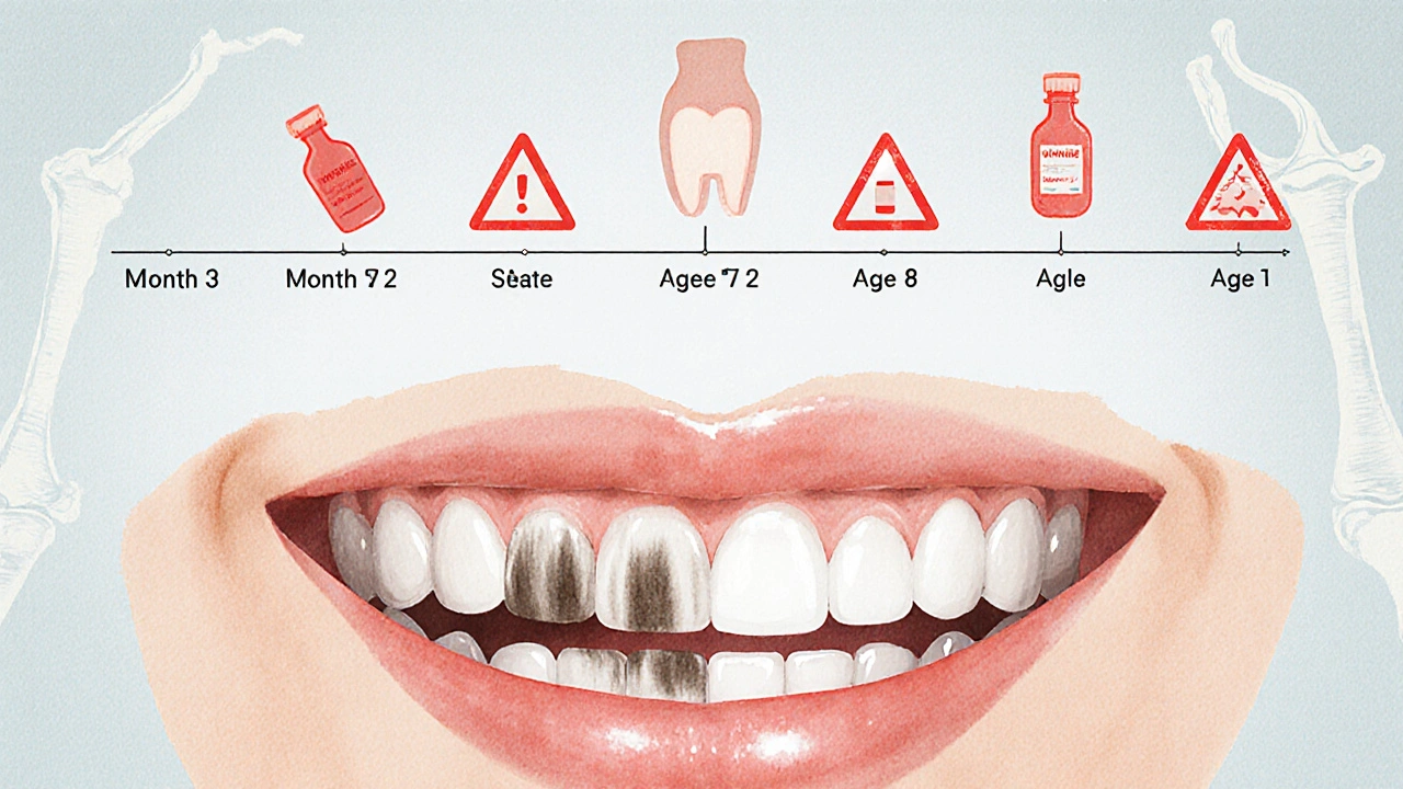 Dětské zuby s šedivými pruhy vedle zdravého bílého zubu s vývojovým časovým úsekiem