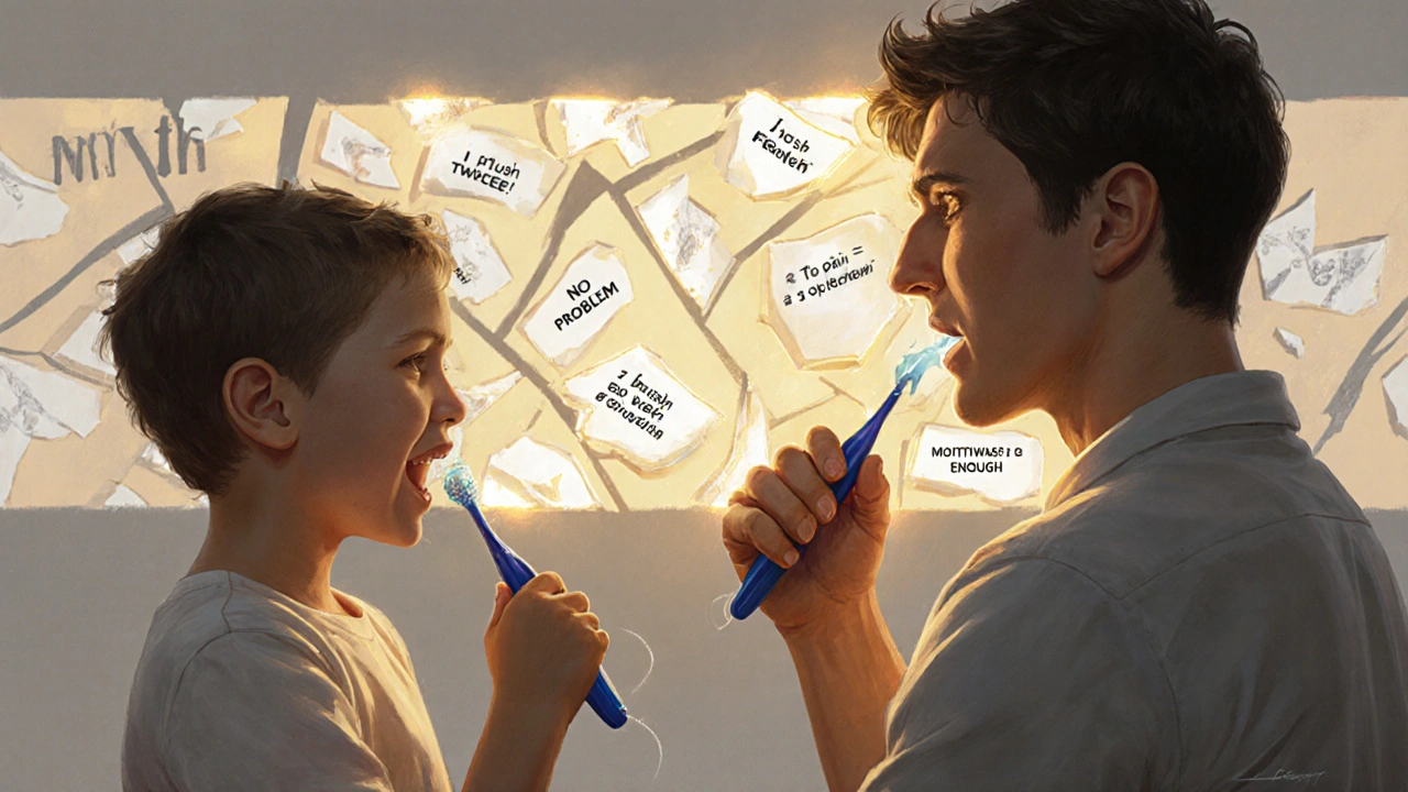 Dítě a dospělý vedle sebe – jen dospělý používá zubní nit, mythy se rozpadají.