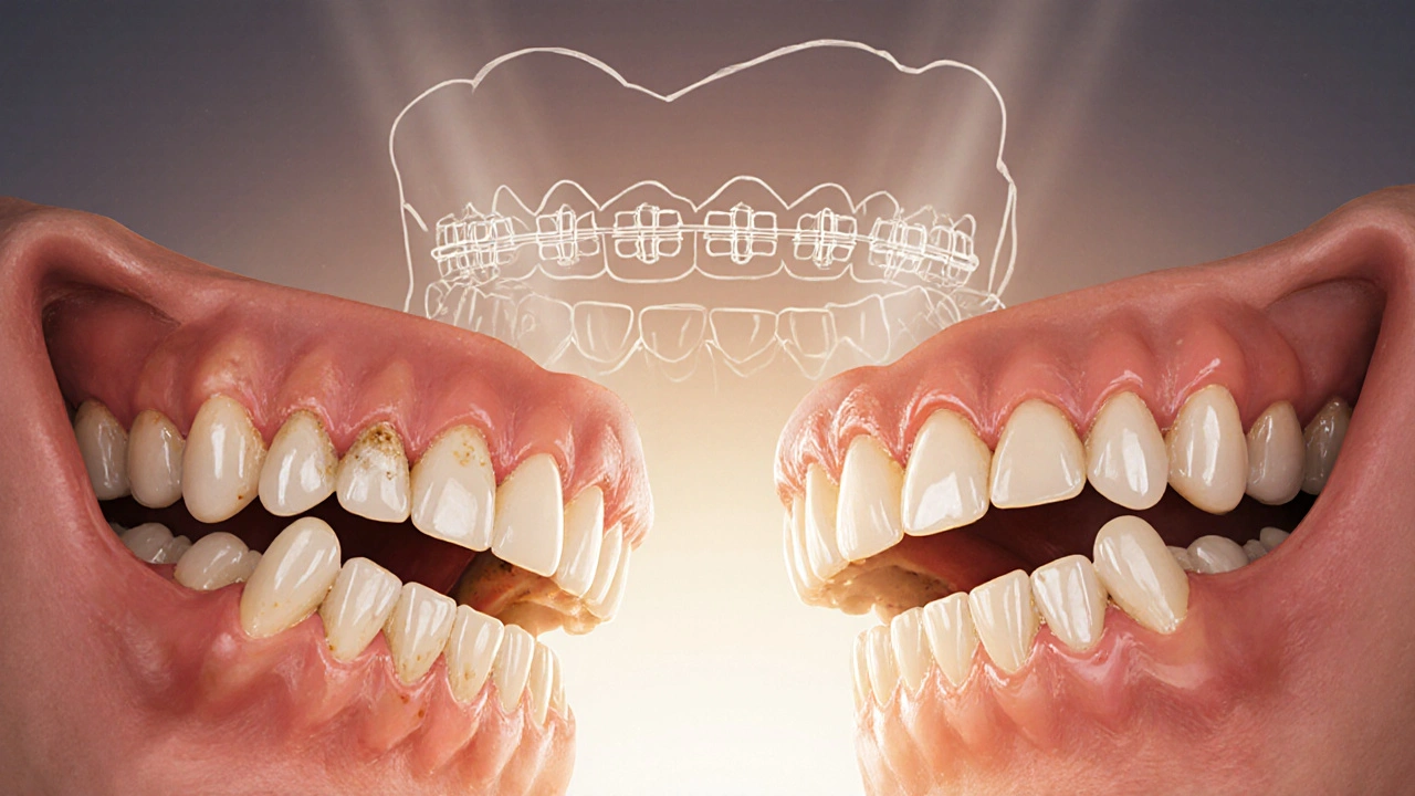 Dva modely zubů: jeden s nepravidelnými a tmavými zuby, druhý s dokonalými veneery.