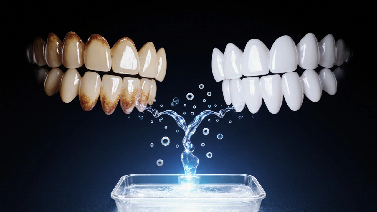 Dvě sady zubů: jedny žluté a znečištěné, druhé bílé a lesklé, spojené proudem bělicího gelu.