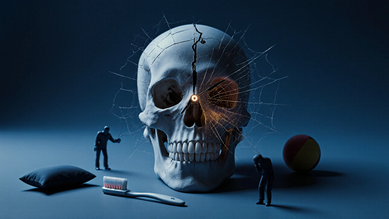 Hodiny v lebce symbolizují postupné poškozování zubů neřešeným předkusem.