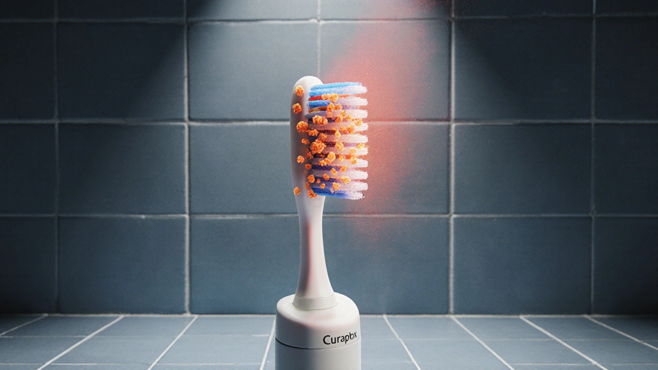 Kartáček na stojánku s vizualizací bakterií a zánětu dásní jako zářivých skvrn.