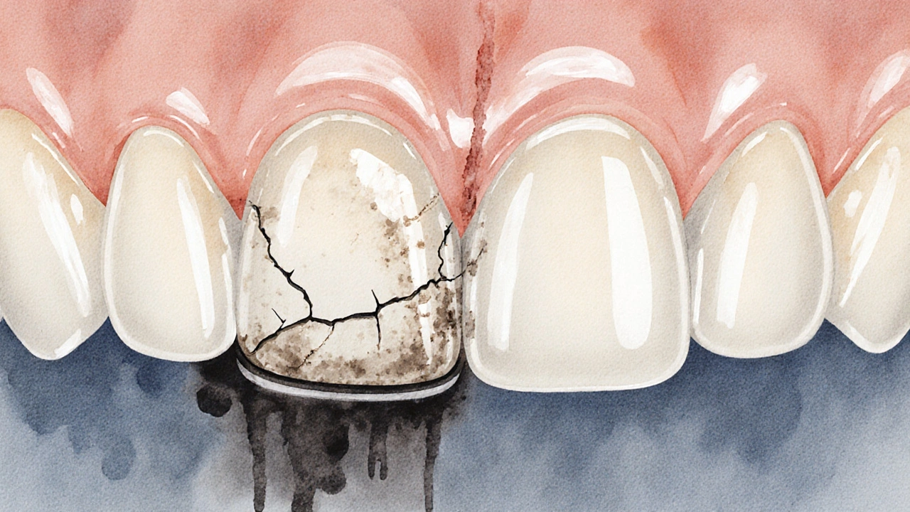 Keramická fazeta s tmavým okrajem z rozpadlého lepidla a barvivými skvrnami.