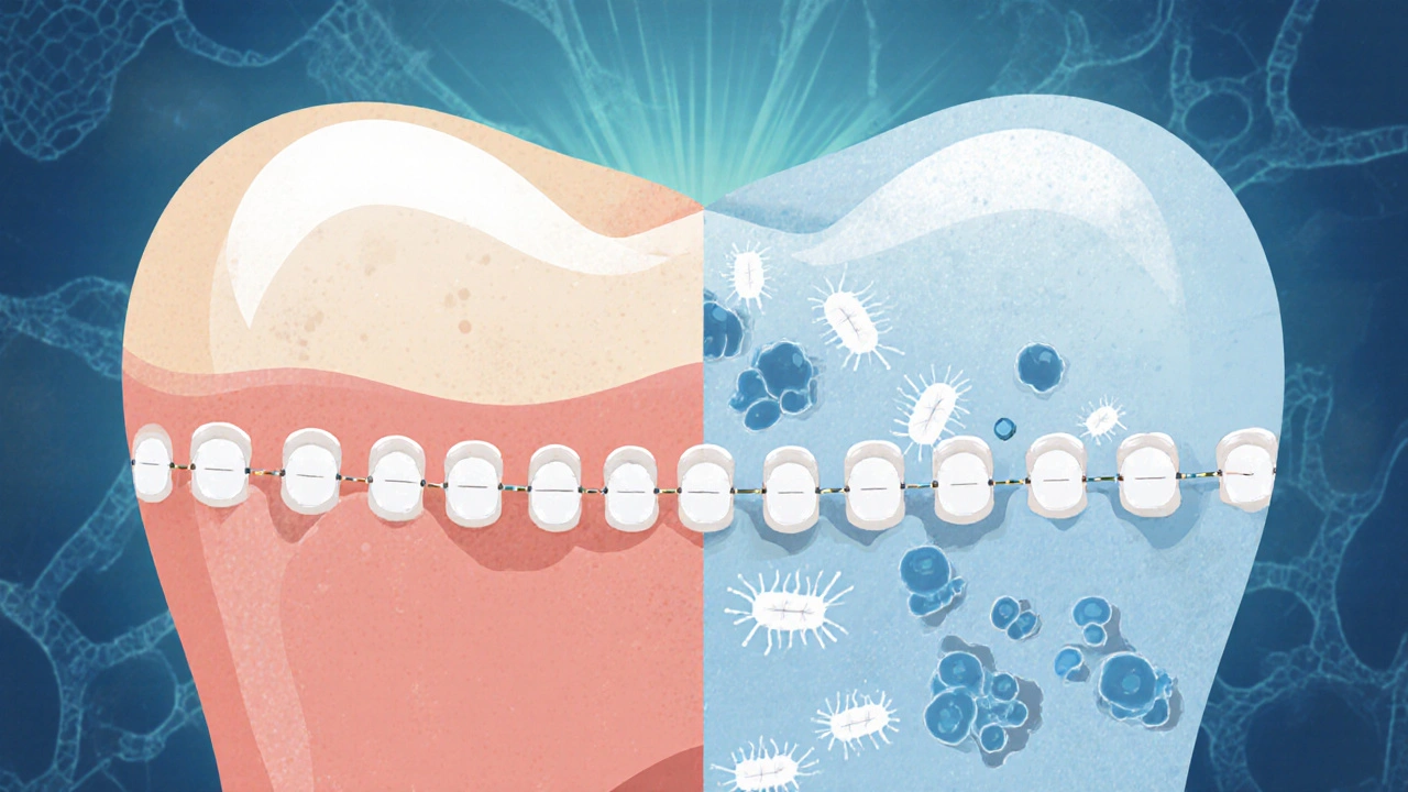 Konceptuální znázornění remineralizace a rozkladu emalu pod rovnátky