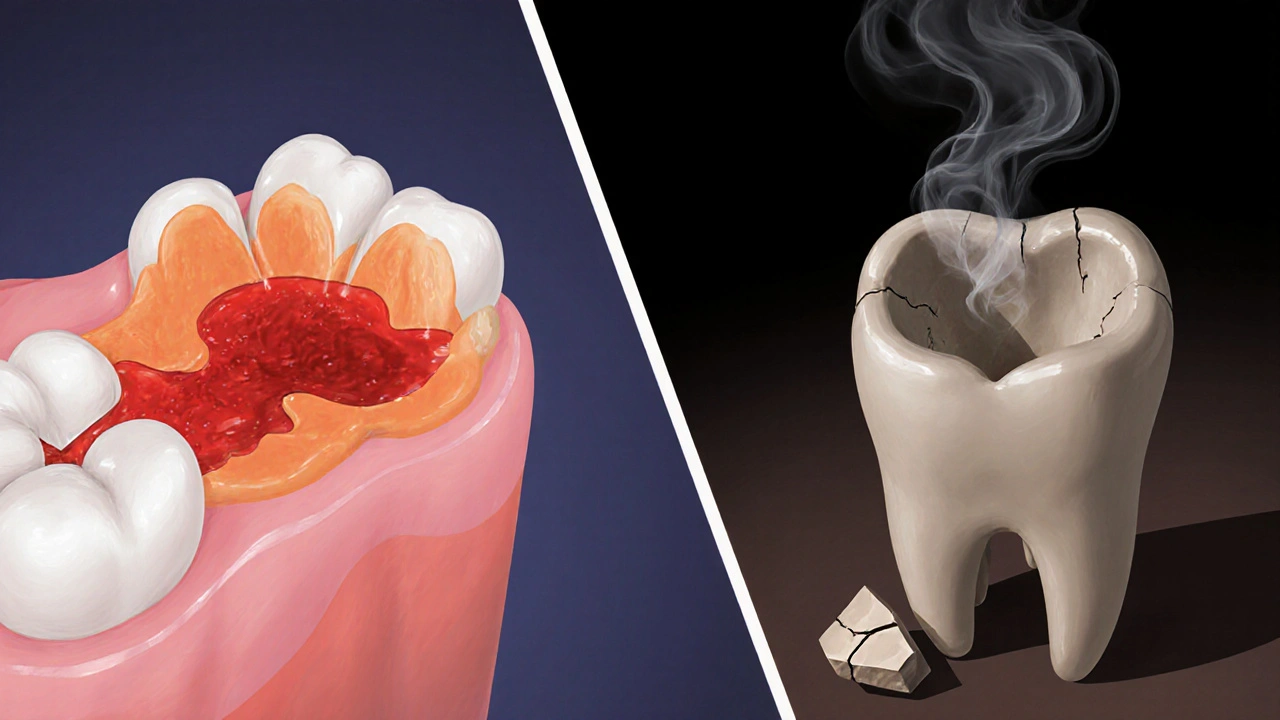 Kontrast mezi zdravou rána s krevní sraženinou a suchou rána s vystavenou kostí.