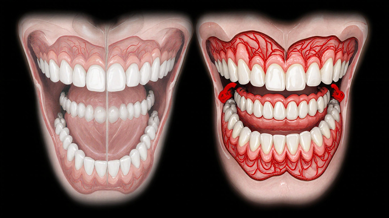 Křížový řez čelistí: ideální předkus vlevo, porucha předkusu vpravo s přetížením zubů.