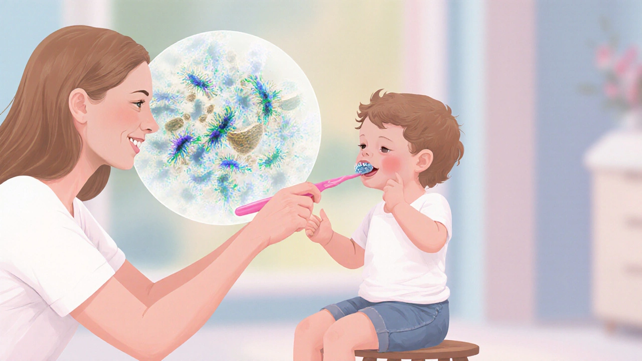 Matka čistí dítěti zuby jemným kartáčkem v klidné domácí atmosféře.