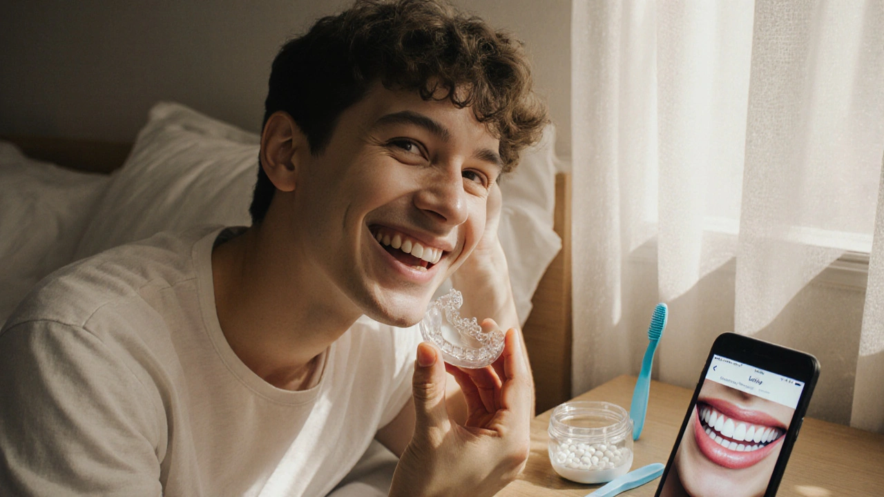 Mladý člověk se směje, drží průhledné rovnátko, na nočním stolku jsou čisticí tablety.