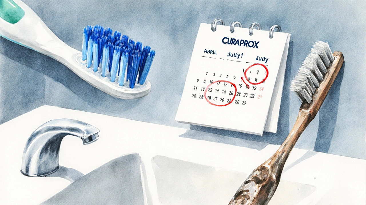 Nový a opotřebovaný kartáček vedle kalendáře s označenými daty výměny.