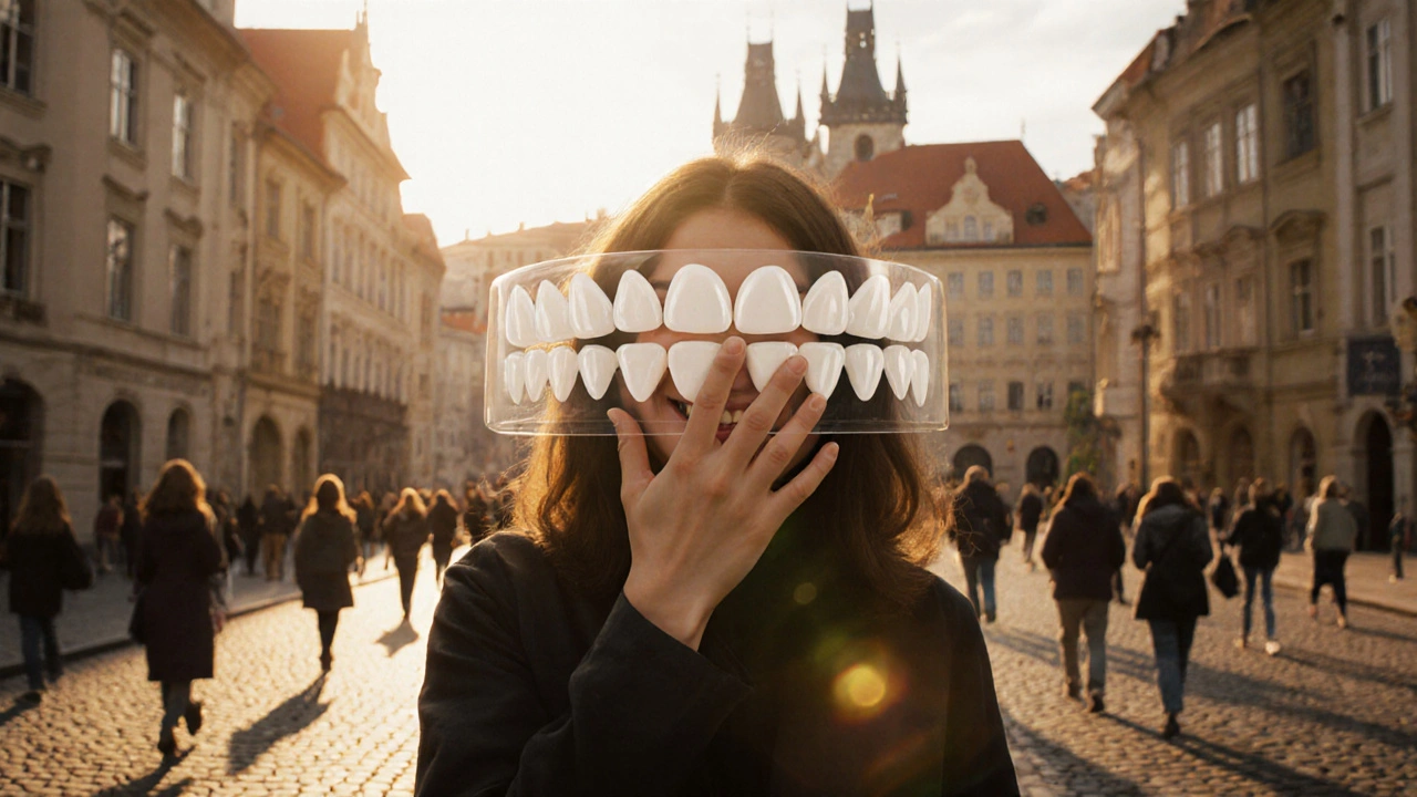 Osoba prochází pražskou ulicí, její úsměv je částečně skrytý, nad zuby se jeví průhledné keramické vložky.