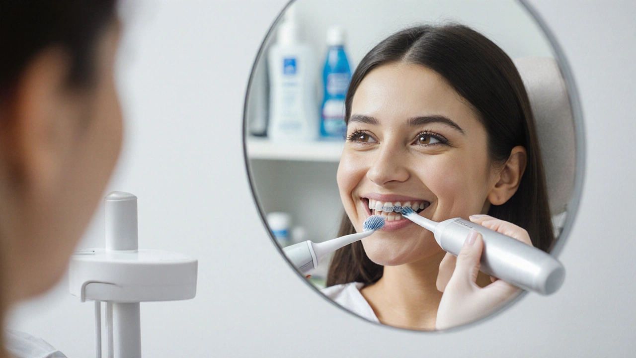 Pacient čistí zuby elektrickým kartáčkem a interdentálními kartáčky během ortodontické léčby