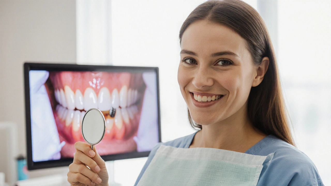 Pacient se usmívá po extrakci, s viditelným hojením a náznakem implantátu.