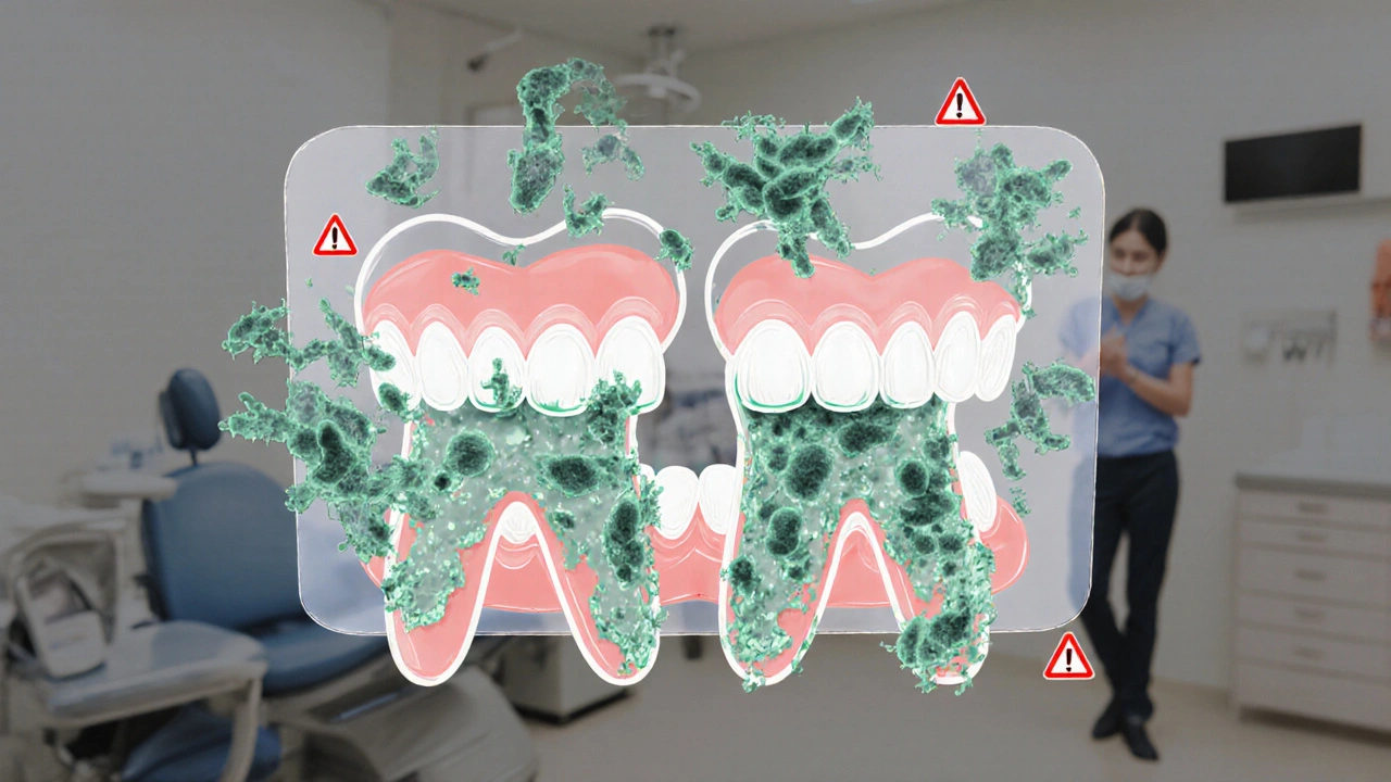 Pod příložkou na zubech se tvoří bakterie a kámen, vizuálně znázorněno jako temný obal kolem zubů.