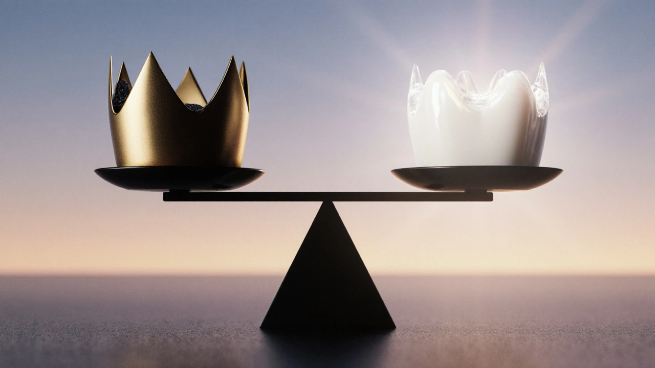 Porovnání tmavé a bílé výplně pod korunkou – krátkodobá úspora versus dlouhodobá ochrana.