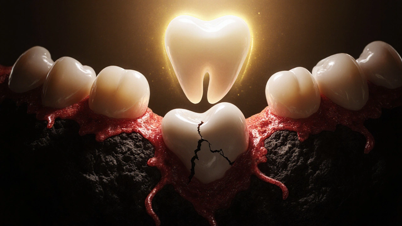 Poškozený zub v kosti s infekcí, zatímco zdravý zub stoupá k světlu jako symbol léčby.