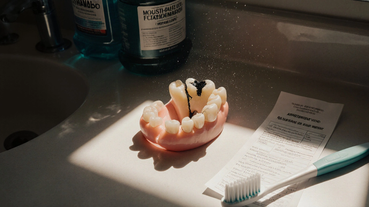 Poškozený zub vychází z odstraněných nalepovacích zubů, vedle nich leží zubní kartáček a účtenka od zubaře.