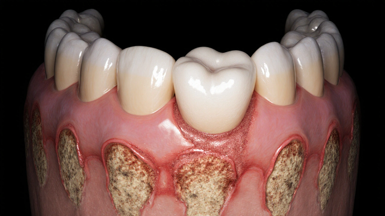 Přehled zubu moudrosti zakousnutého v čelisti s příznaky zánětu.