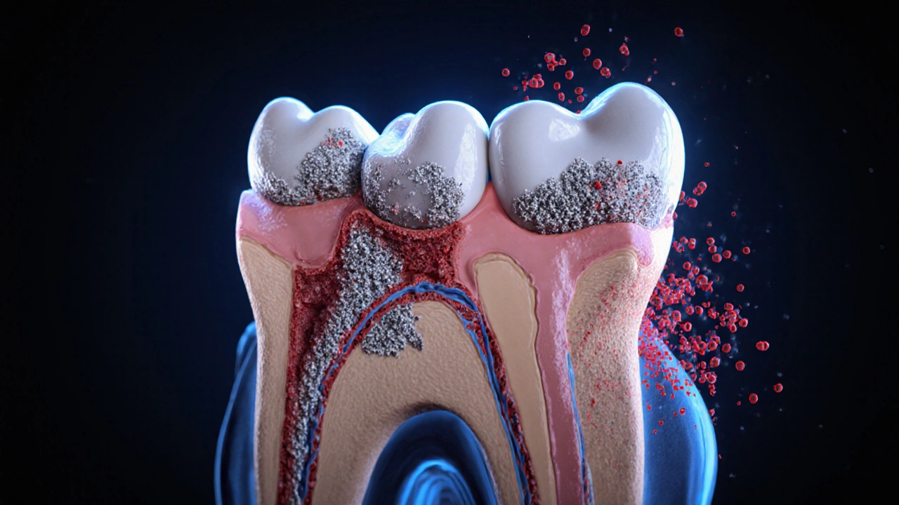 Příčný řez čelisti s mikroskopickými zónami bakterií ničících kořeny zubů a kosti.