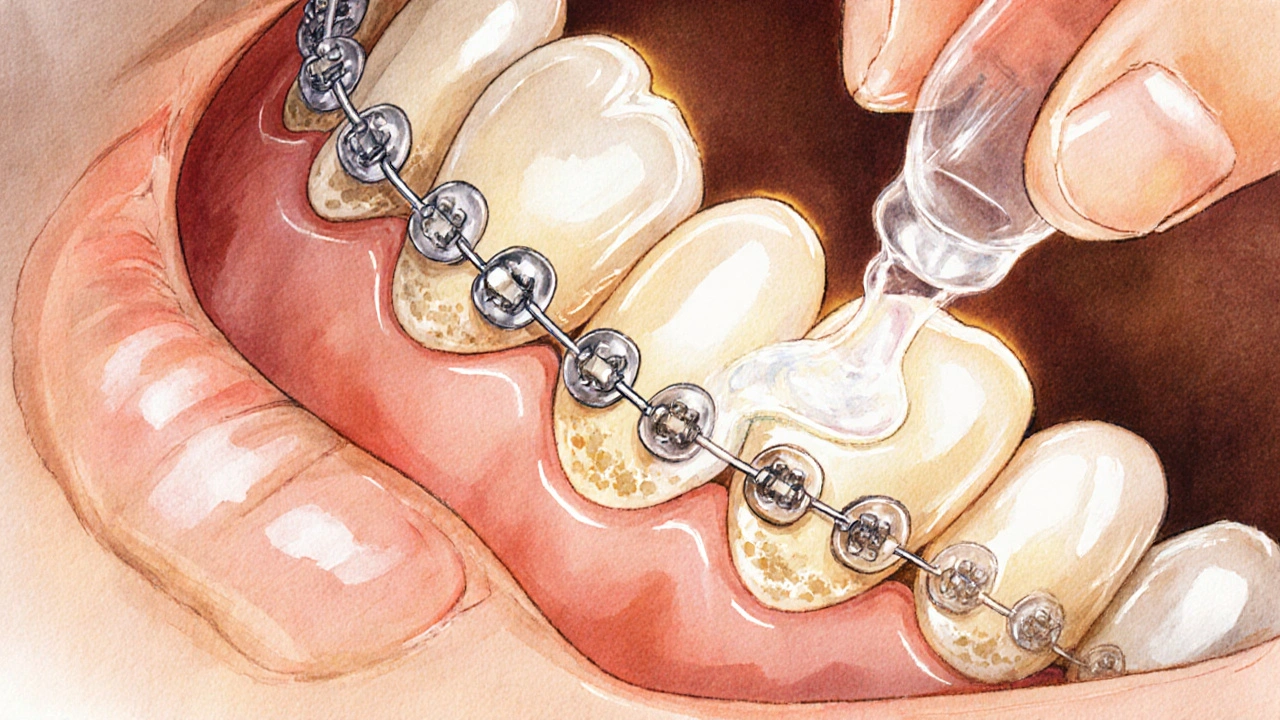 Příčný řez zubu s plakem a aplikací remineralizačního gelu