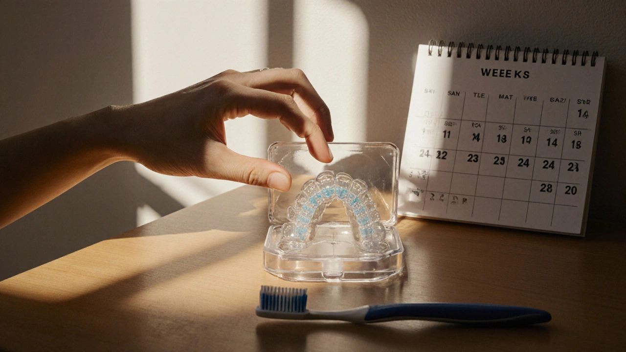 Průhledná rovnátka uložená v případě vedle čističky zubů na stole.