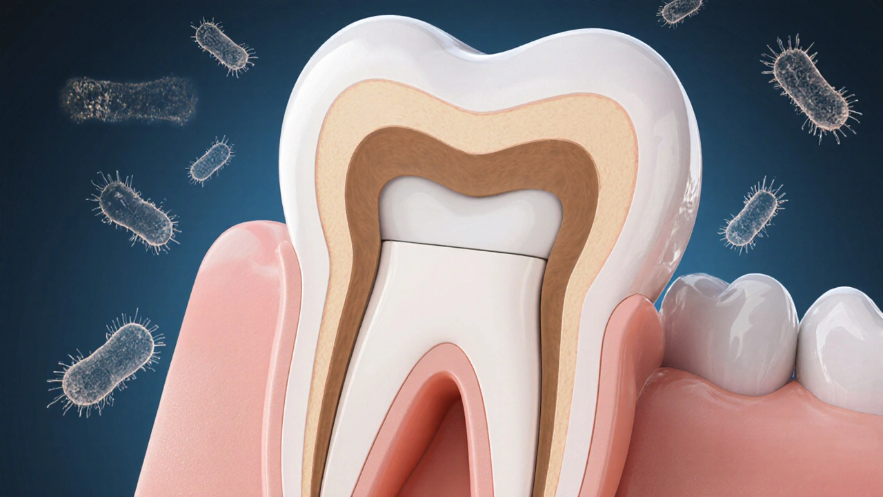 Průřez zubu s bílou výplní pod keramickou korunkou a ochranou před bakteriemi.