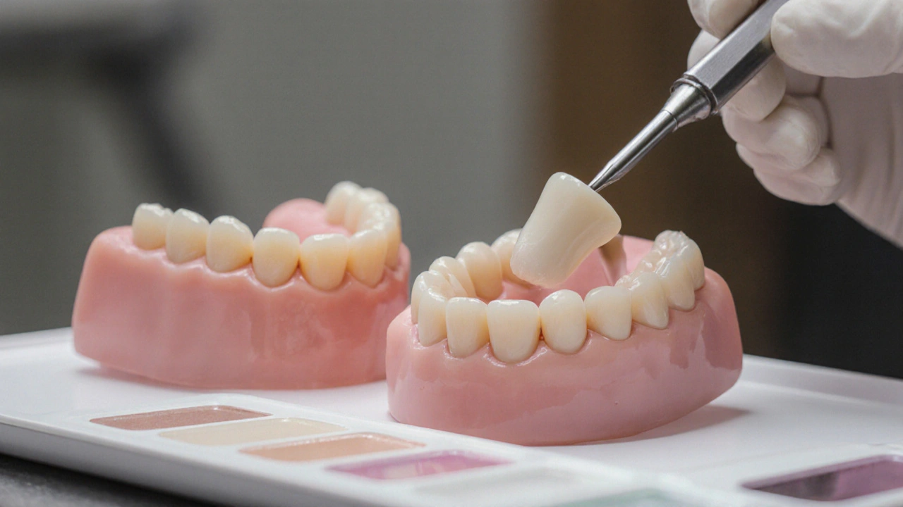 Staré a nové keramické fazety na paletě vedle sebe, nová má přirozený odstín A2.