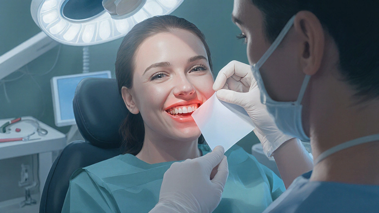 Stomatolog používá papírek k detekci přetíženého kontaktu zubů