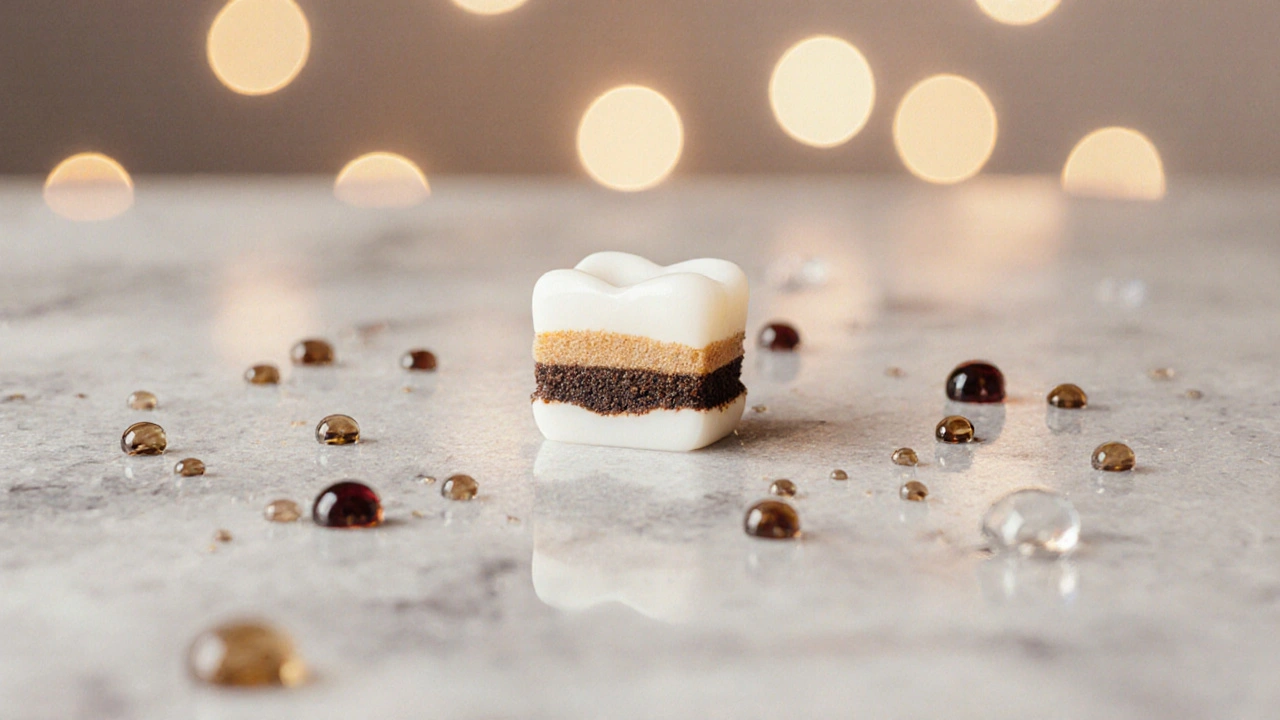 Tenká keramická veneera na kameni s kapkami kávy a vína, symbolizující odolnost proti zbarvení.