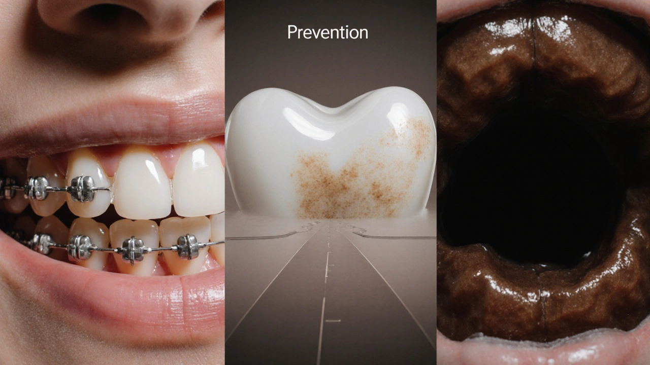 Tři stádia poškození zubu po rovnátkách: zdravý, bílá skvrna, kaz